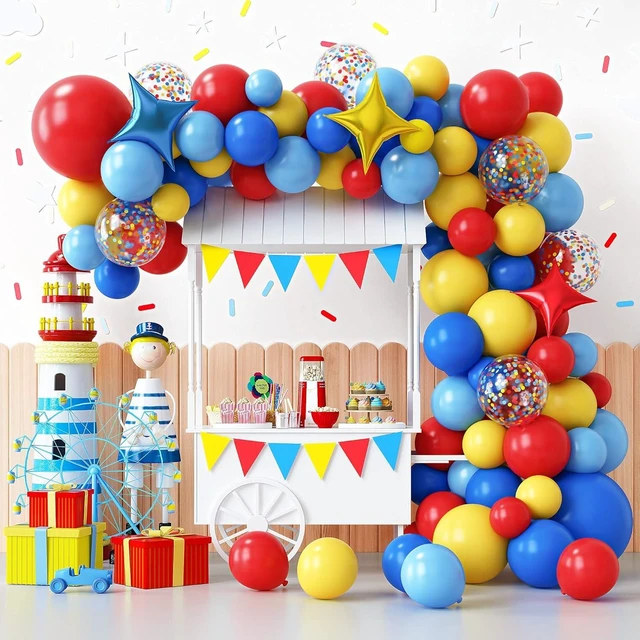 Alt view image 8 of 14 - RUBFAC Carnival Circus Theme Party Decorations, Primary Color Balloon Arch Kit, 120pcs Red Blue Yellow Party Balloons Rainbow Confetti and Star Foil Balloons for Birthday Carnival Theme Decorations
