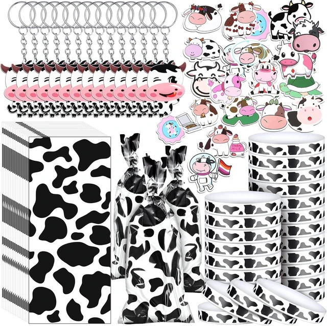 Alt view image 8 of 14 - Chunful 148 Pcs Cow Party Favors Include Cow Print Gift Bag Cute Keychain Elastic Silicone Bracelets Animal Stickers for Birthday Party Supplies