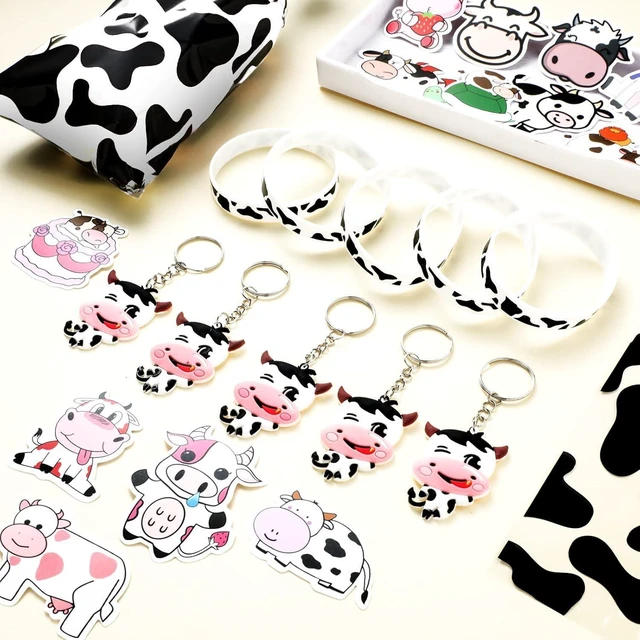Alt view image 9 of 14 - Chunful 148 Pcs Cow Party Favors Include Cow Print Gift Bag Cute Keychain Elastic Silicone Bracelets Animal Stickers for Birthday Party Supplies