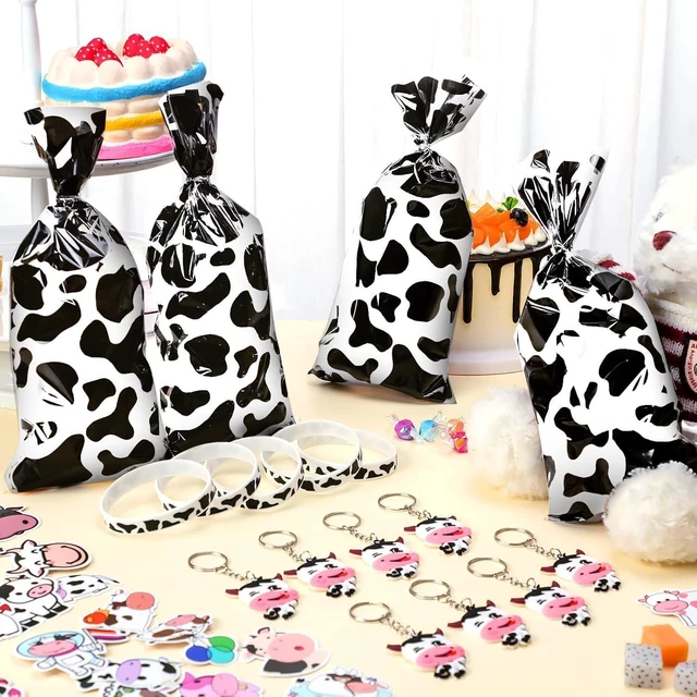 Alt view image 12 of 14 - Chunful 148 Pcs Cow Party Favors Include Cow Print Gift Bag Cute Keychain Elastic Silicone Bracelets Animal Stickers for Birthday Party Supplies
