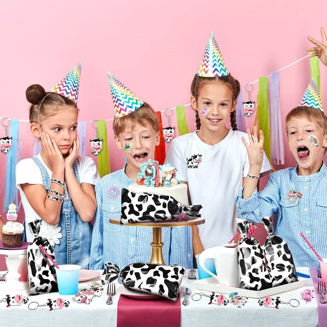 Alt view image 13 of 14 - Chunful 148 Pcs Cow Party Favors Include Cow Print Gift Bag Cute Keychain Elastic Silicone Bracelets Animal Stickers for Birthday Party Supplies