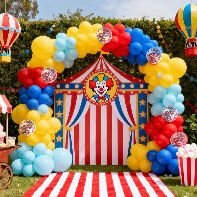 Alt view image 12 of 14 - RUBFAC Carnival Circus Theme Party Decorations, Primary Color Balloon Arch Kit, 120pcs Red Blue Yellow Party Balloons Rainbow Confetti and Star Foil Balloons for Birthday Carnival Theme Decorations