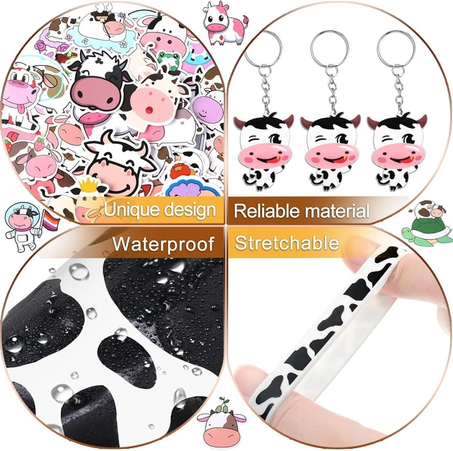 Alt view image 11 of 14 - Chunful 148 Pcs Cow Party Favors Include Cow Print Gift Bag Cute Keychain Elastic Silicone Bracelets Animal Stickers for Birthday Party Supplies