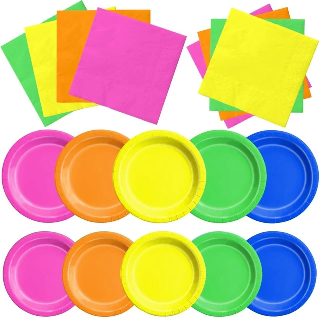 Alt view image 7 of 12 - CMUSKO Glow in the Dark Party Supplies - 60Pcs Neon Party Plates & Napkins Set 80s Neon Let's Glow Themed Tableware for Birthday