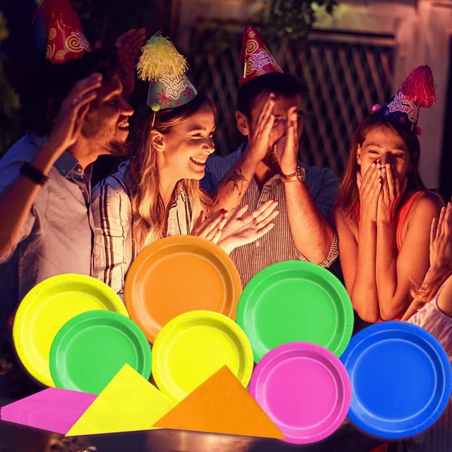 Alt view image 9 of 12 - CMUSKO Glow in the Dark Party Supplies - 60Pcs Neon Party Plates & Napkins Set 80s Neon Let's Glow Themed Tableware for Birthday