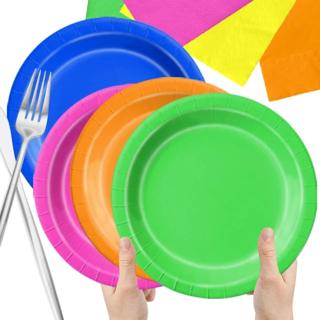 Alt view image 11 of 12 - CMUSKO Glow in the Dark Party Supplies - 60Pcs Neon Party Plates & Napkins Set 80s Neon Let's Glow Themed Tableware for Birthday
