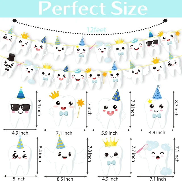 Alt view image 10 of 14 - Tooth Party Banner Dental Birthday Party Banners Tooth Party Decorations 2Pcs Teeth Cutout Banners Tooth Banners for First Tooth Party Baby Shower Supplies