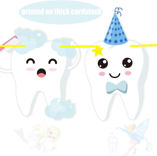 Alt view image 12 of 14 - Tooth Party Banner Dental Birthday Party Banners Tooth Party Decorations 2Pcs Teeth Cutout Banners Tooth Banners for First Tooth Party Baby Shower Supplies