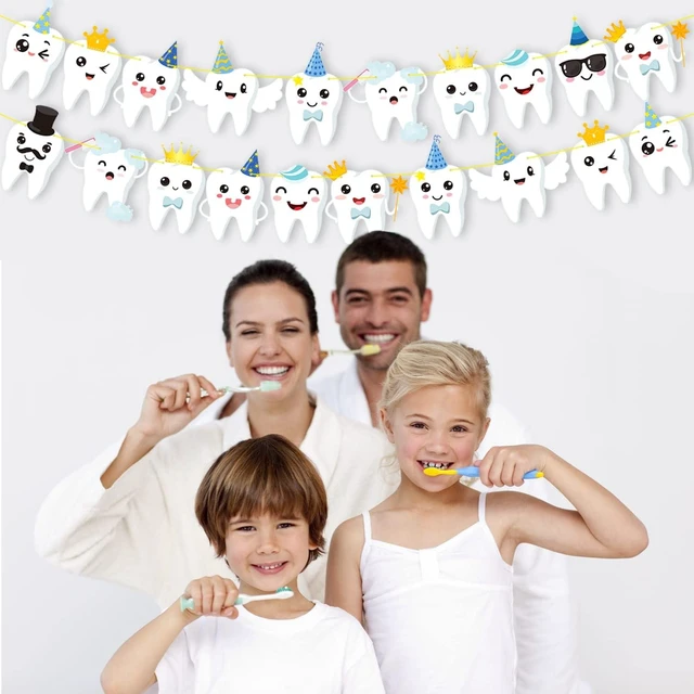 Alt view image 14 of 14 - Tooth Party Banner Dental Birthday Party Banners Tooth Party Decorations 2Pcs Teeth Cutout Banners Tooth Banners for First Tooth Party Baby Shower Supplies