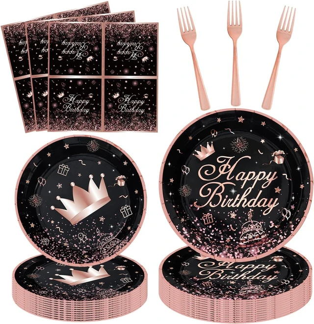 Alt view image 8 of 14 - 160Pcs Black and Rose Gold Party Decoration Rose Gold & Black Party Supplies Dinnerware Set-Plate, Napkin for Women Girl Birthday decoration