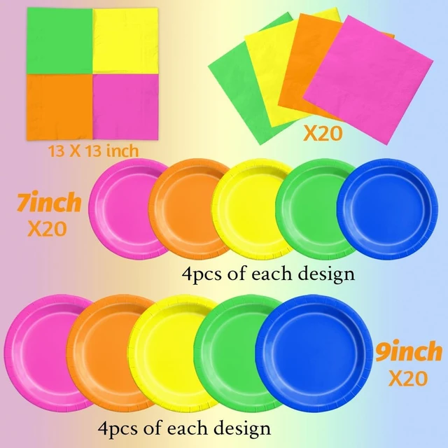 Alt view image 10 of 12 - CMUSKO Glow in the Dark Party Supplies - 60Pcs Neon Party Plates & Napkins Set 80s Neon Let's Glow Themed Tableware for Birthday