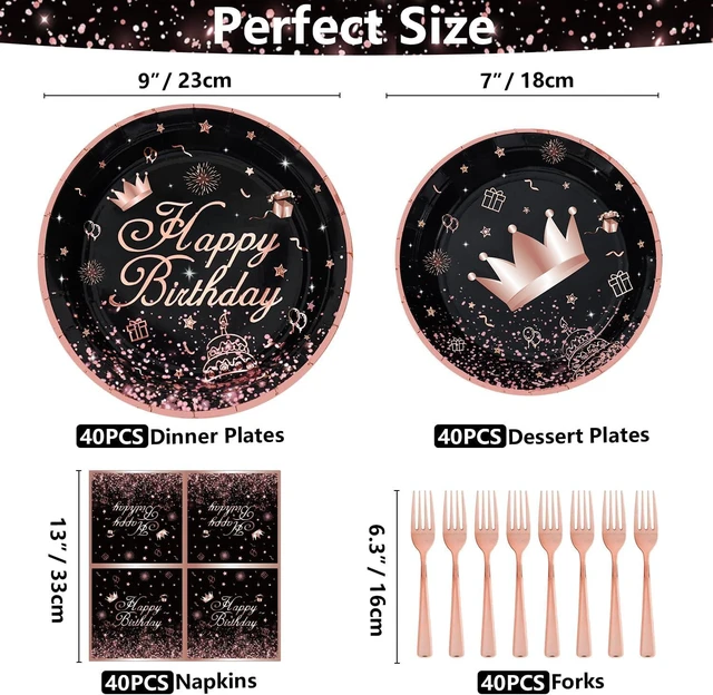 Alt view image 9 of 14 - 160Pcs Black and Rose Gold Party Decoration Rose Gold & Black Party Supplies Dinnerware Set-Plate, Napkin for Women Girl Birthday decoration
