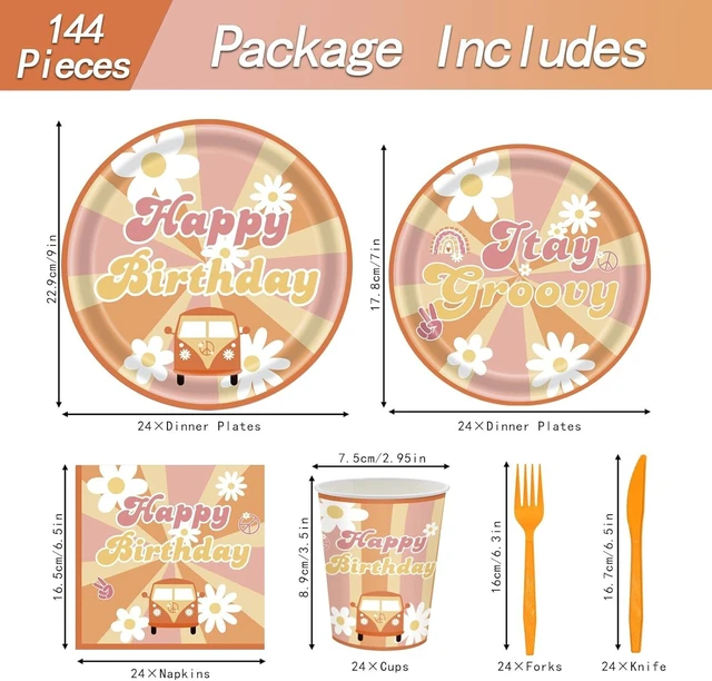 Alt view image 9 of 14 - 144Pcs Groovy Birthday Party Supplies Groovy Birthday Tableware Set Groovy Birthday Party Decorations Retro Boho Hippie Party Decorations Daisy Plates Napkins Cups Forks Knives Serve 24