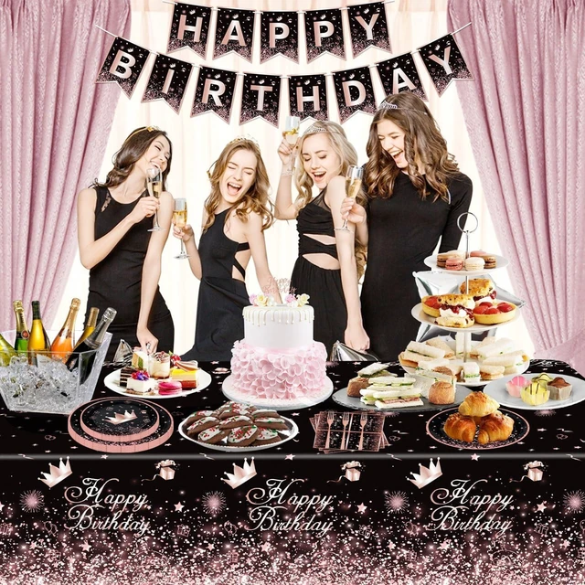 Alt view image 10 of 14 - 160Pcs Black and Rose Gold Party Decoration Rose Gold & Black Party Supplies Dinnerware Set-Plate, Napkin for Women Girl Birthday decoration