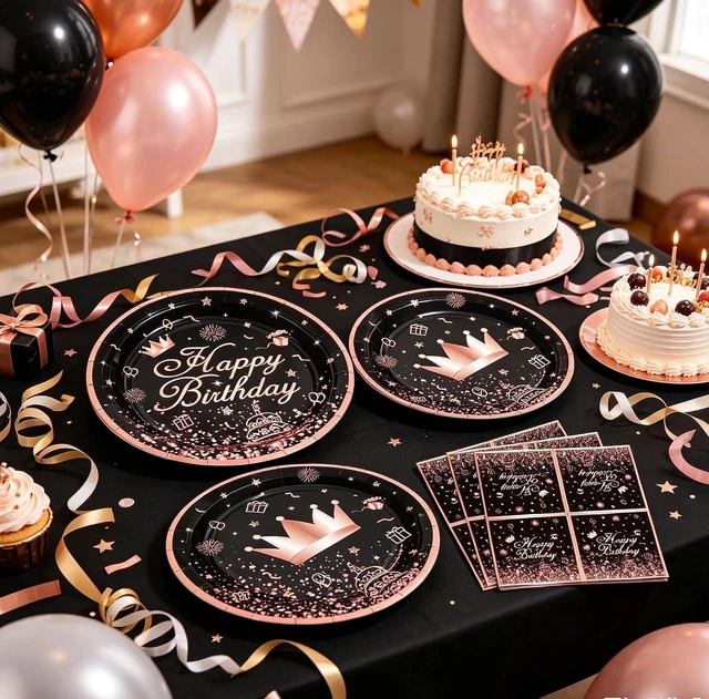 Alt view image 11 of 14 - 160Pcs Black and Rose Gold Party Decoration Rose Gold & Black Party Supplies Dinnerware Set-Plate, Napkin for Women Girl Birthday decoration