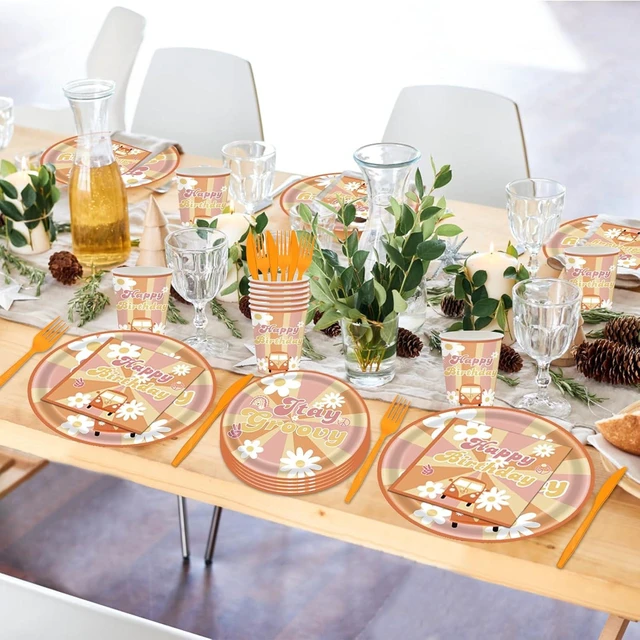 Alt view image 11 of 14 - 144Pcs Groovy Birthday Party Supplies Groovy Birthday Tableware Set Groovy Birthday Party Decorations Retro Boho Hippie Party Decorations Daisy Plates Napkins Cups Forks Knives Serve 24