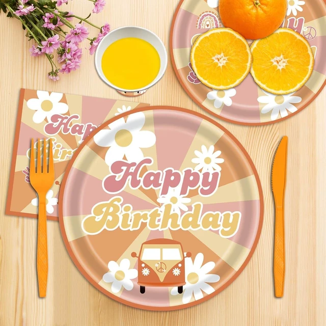 Alt view image 13 of 14 - 144Pcs Groovy Birthday Party Supplies Groovy Birthday Tableware Set Groovy Birthday Party Decorations Retro Boho Hippie Party Decorations Daisy Plates Napkins Cups Forks Knives Serve 24