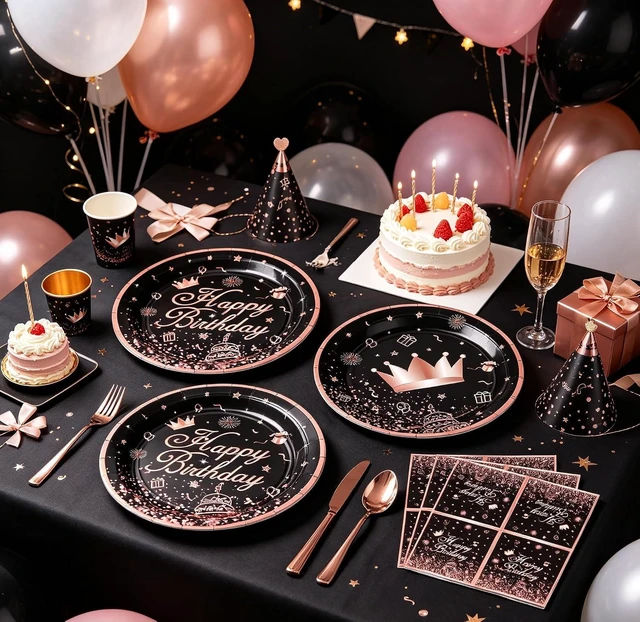 Alt view image 12 of 14 - 160Pcs Black and Rose Gold Party Decoration Rose Gold & Black Party Supplies Dinnerware Set-Plate, Napkin for Women Girl Birthday decoration