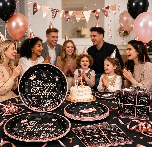 Alt view image 14 of 14 - 160Pcs Black and Rose Gold Party Decoration Rose Gold & Black Party Supplies Dinnerware Set-Plate, Napkin for Women Girl Birthday decoration