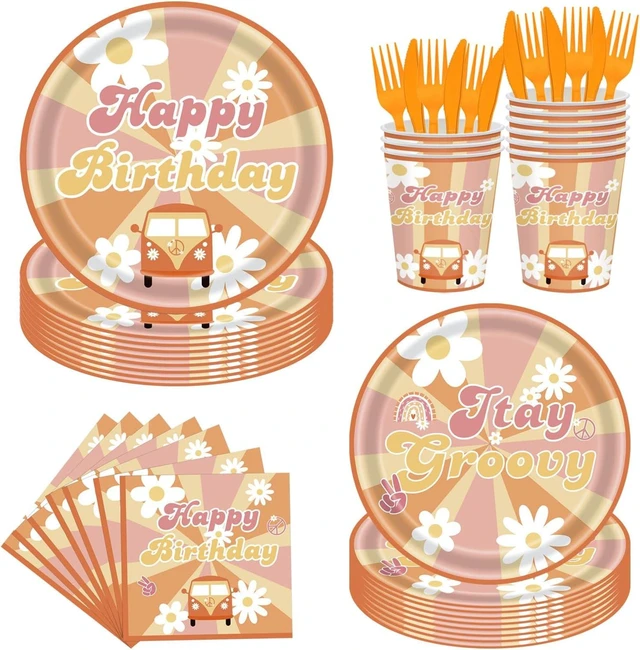 Alt view image 8 of 14 - 144Pcs Groovy Birthday Party Supplies Groovy Birthday Tableware Set Groovy Birthday Party Decorations Retro Boho Hippie Party Decorations Daisy Plates Napkins Cups Forks Knives Serve 24