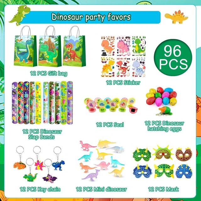 Alt view image 8 of 12 - Dinosaur Birthday Party Decorations Kit, 96pcs Dinosaur Party Favor Bags Fillers Stamps Keychains Dino Stickers etc for Dinosaur Birthday Supplies