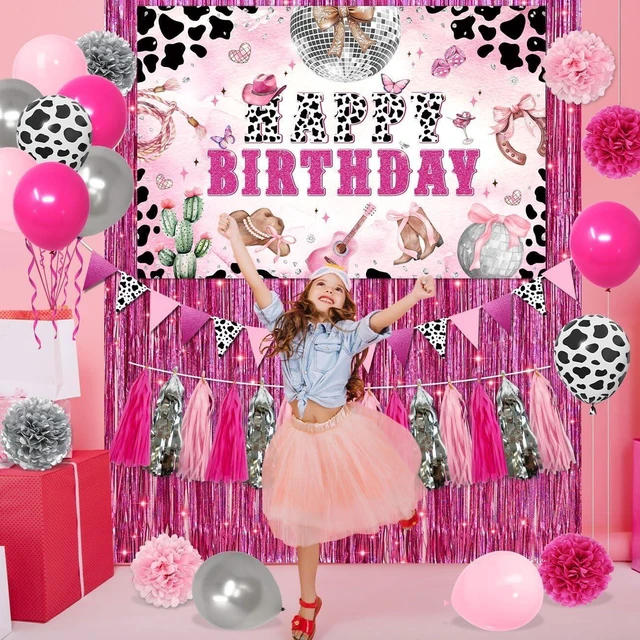 Alt view image 10 of 12 - Cowgirl Birthday Party Decorations Disco Cowgirl Party Decorations Disco Cowgirl Happy Birthday Backdrop Hot Pink Cow Balloons Paper PomPoms Pink Fringe Curtain for Western Cowgirl Party Supplies