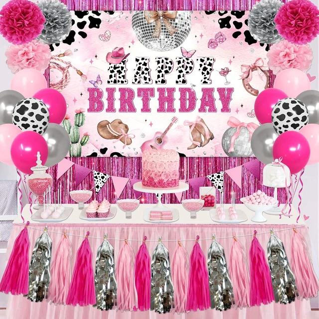 Alt view image 7 of 12 - Cowgirl Birthday Party Decorations Disco Cowgirl Party Decorations Disco Cowgirl Happy Birthday Backdrop Hot Pink Cow Balloons Paper PomPoms Pink Fringe Curtain for Western Cowgirl Party Supplies