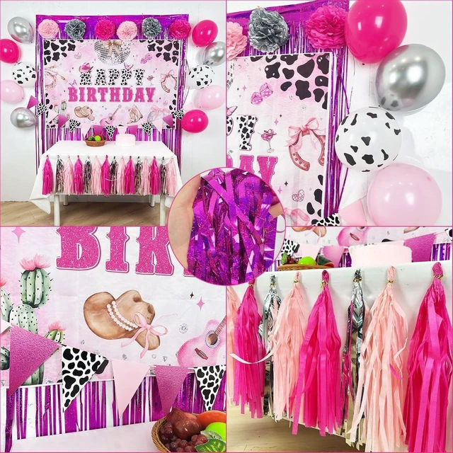 Alt view image 12 of 12 - Cowgirl Birthday Party Decorations Disco Cowgirl Party Decorations Disco Cowgirl Happy Birthday Backdrop Hot Pink Cow Balloons Paper PomPoms Pink Fringe Curtain for Western Cowgirl Party Supplies