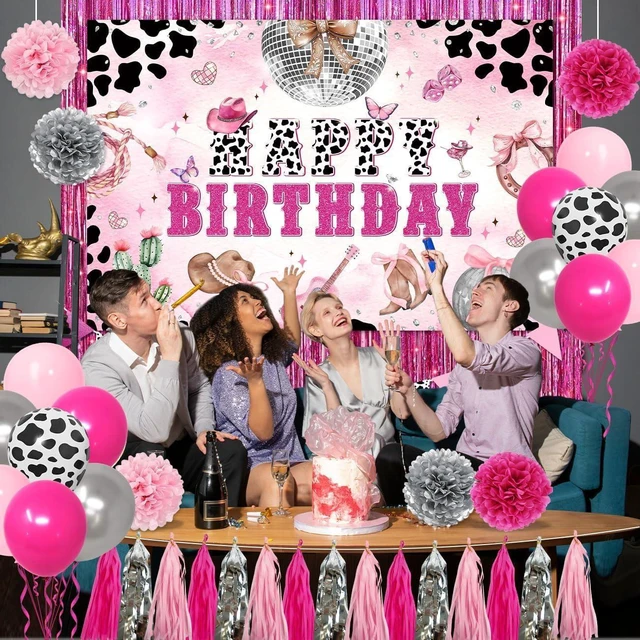 Alt view image 11 of 12 - Cowgirl Birthday Party Decorations Disco Cowgirl Party Decorations Disco Cowgirl Happy Birthday Backdrop Hot Pink Cow Balloons Paper PomPoms Pink Fringe Curtain for Western Cowgirl Party Supplies