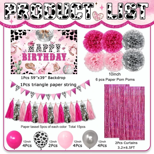 Alt view image 8 of 12 - Cowgirl Birthday Party Decorations Disco Cowgirl Party Decorations Disco Cowgirl Happy Birthday Backdrop Hot Pink Cow Balloons Paper PomPoms Pink Fringe Curtain for Western Cowgirl Party Supplies