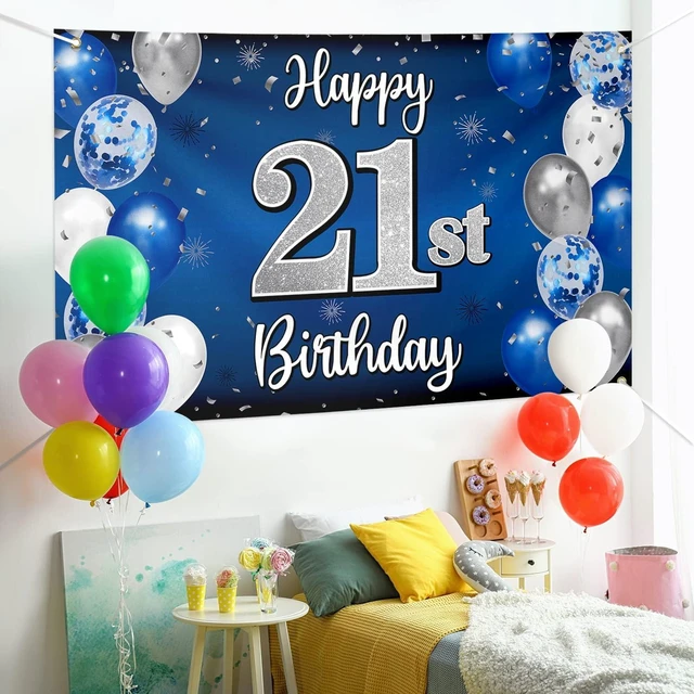 Alt view image 8 of 10 - Happy 21st Birthday Decorations,21 Blue & Silver Balloon Large Birthday Banner Backdrop Sign,21st Bday Party Supplies.