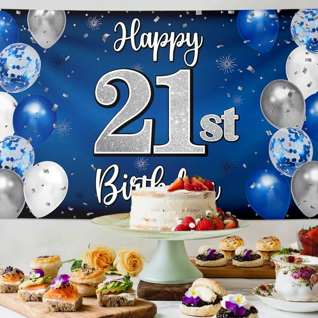 Alt view image 9 of 10 - Happy 21st Birthday Decorations,21 Blue & Silver Balloon Large Birthday Banner Backdrop Sign,21st Bday Party Supplies.
