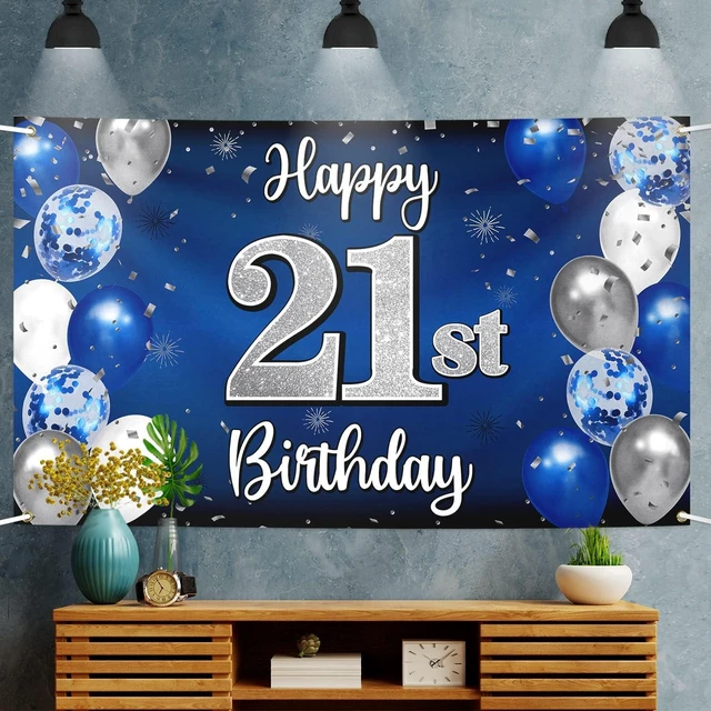 Alt view image 10 of 10 - Happy 21st Birthday Decorations,21 Blue & Silver Balloon Large Birthday Banner Backdrop Sign,21st Bday Party Supplies.
