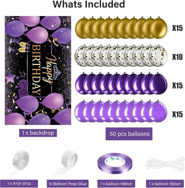 Alt view image 10 of 14 - Tatuo Purple and Gold Birthday Party Decorations Purple Gold Confetti Balloons Kit Happy Birthday Photography Backdrop for Girls Ladies Women Party Supplies Decor
