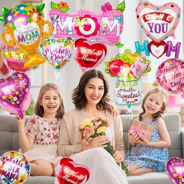 Alt view image 12 of 14 - 24 Pcs Mothers Day Balloons, Happy Mother's Day Mylar Balloon, Feliz Dia Mama Foil Balloons for Best Mom Ever Mom Party Birthday Decorations Supplies