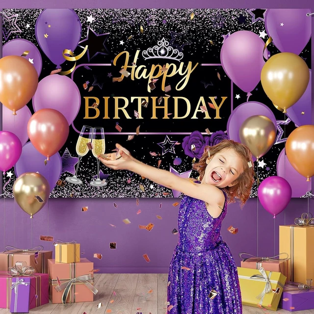 Alt view image 13 of 14 - Tatuo Purple and Gold Birthday Party Decorations Purple Gold Confetti Balloons Kit Happy Birthday Photography Backdrop for Girls Ladies Women Party Supplies Decor