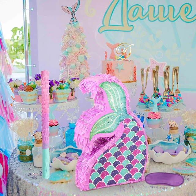 Alt view image 10 of 14 - Hooqict Mermaid Tail Pinata with Pinata Stick & Blindfold for Girls Mermaid Party Games Decorations Under the Sea Ocean Themed Birthday Party Supplies