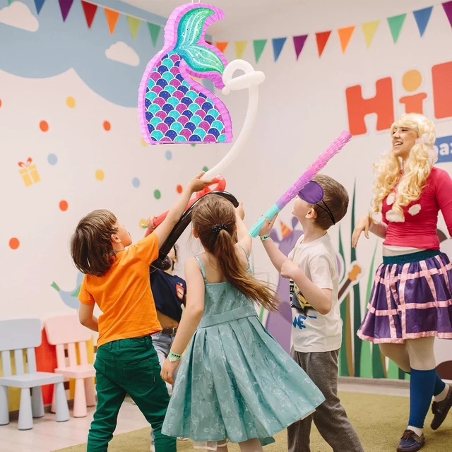 Alt view image 11 of 14 - Hooqict Mermaid Tail Pinata with Pinata Stick & Blindfold for Girls Mermaid Party Games Decorations Under the Sea Ocean Themed Birthday Party Supplies