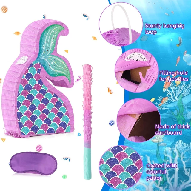 Alt view image 12 of 14 - Hooqict Mermaid Tail Pinata with Pinata Stick & Blindfold for Girls Mermaid Party Games Decorations Under the Sea Ocean Themed Birthday Party Supplies