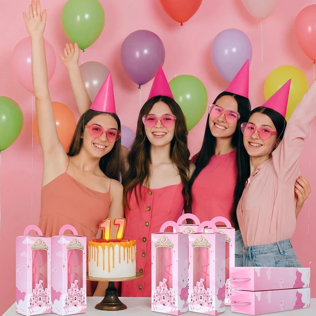 Alt view image 13 of 14 - Tellegloww 32 Pieces Princess Party Favor Set for Girls Pink Heart Sunglasses with Castle Gift Boxes Birthday Party Decorations Supplies for Kids