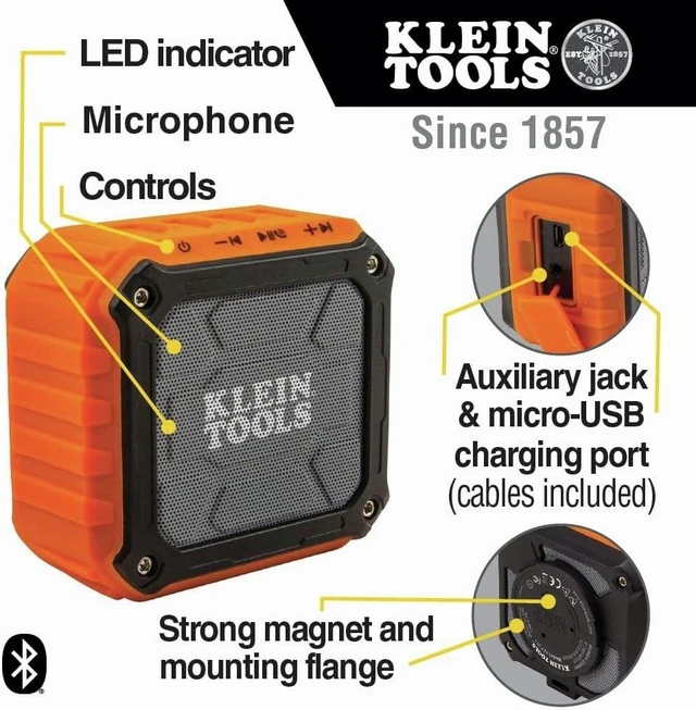 Alt view image 10 of 12 - Klein Tools AEPJS1 Bluetooth Speaker, Wireless Portable Jobsite Speaker Plays Audio and Answers Calls Hands Free, IPX5, Worksite Ready
