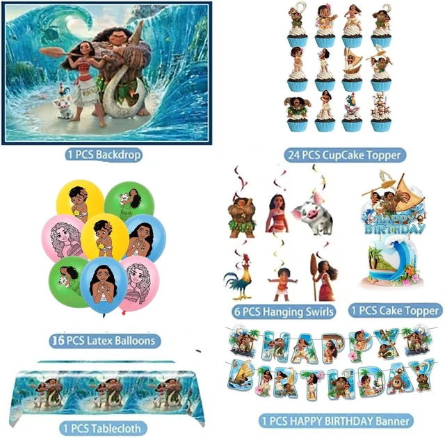 Alt view image 7 of 10 - 50Pcs Moana Birthday Party Supplies, Birthday Party Decorations Set Include Banner, Backdrop, Balloons, Hanging Swirls, Cake Cupcake Toppers, Tablecloth for Moana Party Decorations