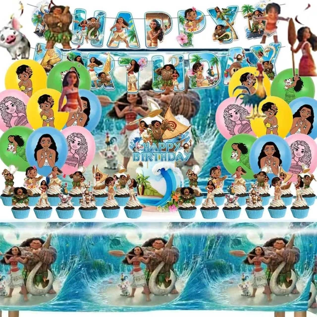 Alt view image 6 of 10 - 50Pcs Moana Birthday Party Supplies, Birthday Party Decorations Set Include Banner, Backdrop, Balloons, Hanging Swirls, Cake Cupcake Toppers, Tablecloth for Moana Party Decorations