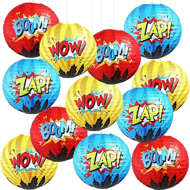Alt view image 5 of 8 - Blulu 6 Pcs Hero Themed Party Decorations Fun Hero Paper Lanterns Hanging Comic Wow Zap Boom Lanterns for Adults Birthday Party Supplies