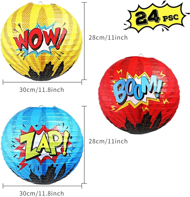 Alt view image 7 of 8 - Blulu 6 Pcs Hero Themed Party Decorations Fun Hero Paper Lanterns Hanging Comic Wow Zap Boom Lanterns for Adults Birthday Party Supplies