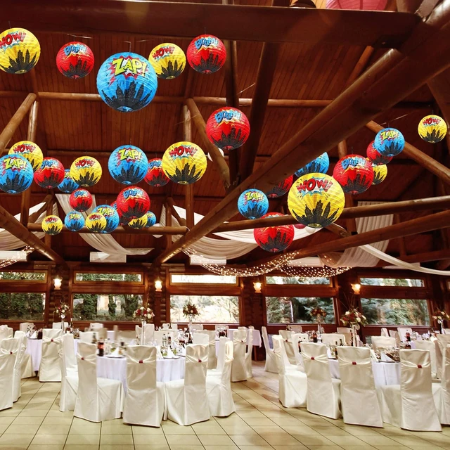 Alt view image 8 of 8 - Blulu 6 Pcs Hero Themed Party Decorations Fun Hero Paper Lanterns Hanging Comic Wow Zap Boom Lanterns for Adults Birthday Party Supplies