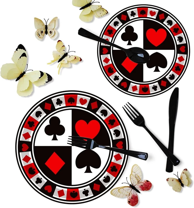 Alt view image 10 of 14 - 50Pcs Poker Party Supplies - 9" Playing Card Dinner Plates, 7" Casino Plates for Casino Night, Poker Game Theme, Birthday Party Decor
