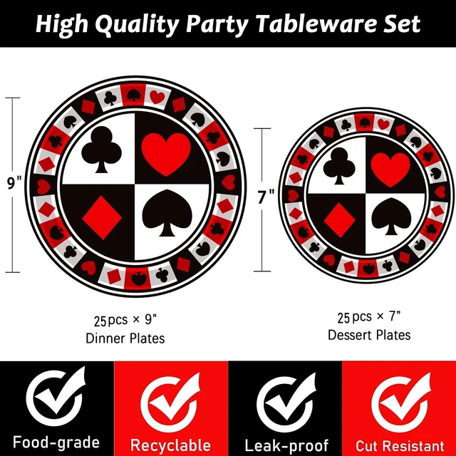 Alt view image 9 of 14 - 50Pcs Poker Party Supplies - 9" Playing Card Dinner Plates, 7" Casino Plates for Casino Night, Poker Game Theme, Birthday Party Decor