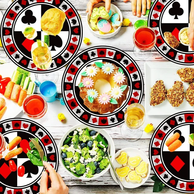 Alt view image 14 of 14 - 50Pcs Poker Party Supplies - 9" Playing Card Dinner Plates, 7" Casino Plates for Casino Night, Poker Game Theme, Birthday Party Decor