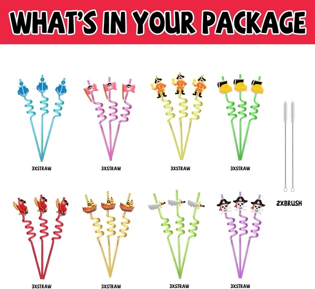 Alt view image 11 of 14 - 24 Pirate Party Favors Reusable Plastic Straws for Pirate Themed Birthday Party Supplies Decorations with 2 Cleaning Brushes